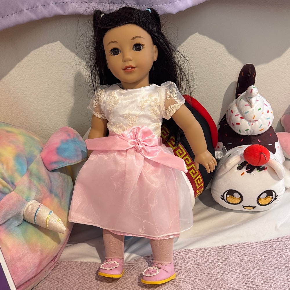 American Girl Doll in Pink and White Dress #124